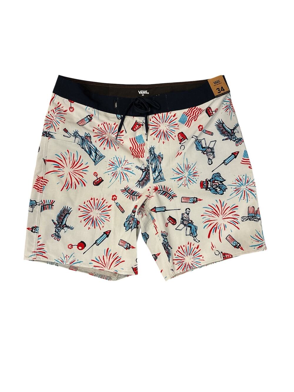 Vans men’s size 34 patriotic swim trunks red white and blue. 18” outseam NWT